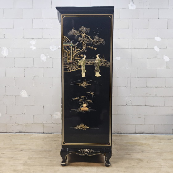 Vintage Chinese black lacquer cabinet (soapstone, mother-of-pearl) bohemian / oriental cabinet ^ bridal (photo 4 of 15)
