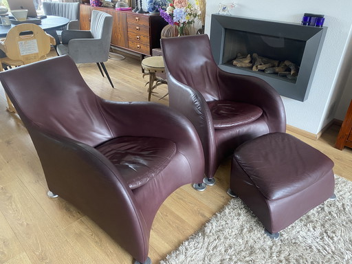 2 vintage Montis Loge armchairs with aubergine leather backrest