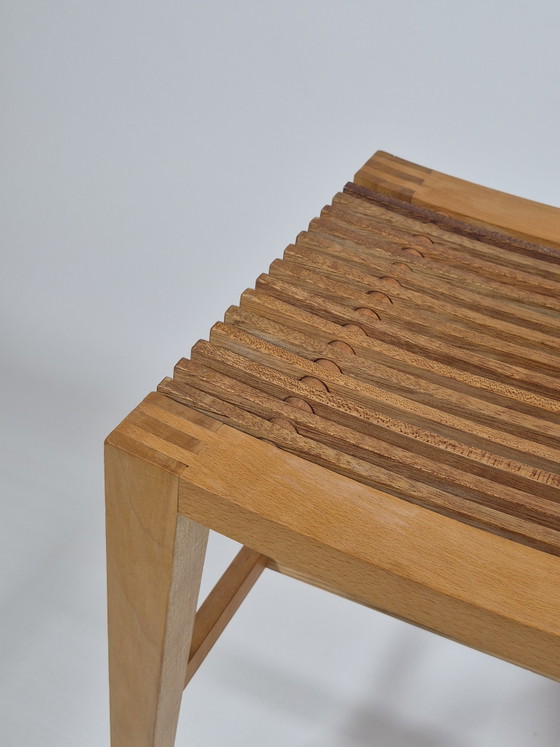 Vintage carpentry wooden stool slatted chair design (photo 3 of 14)