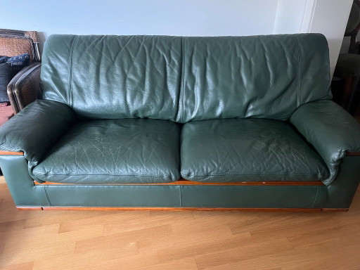High-quality Jean Roche leather sofa + 2 armchairs – French designer furniture in green – bankstel, Wood