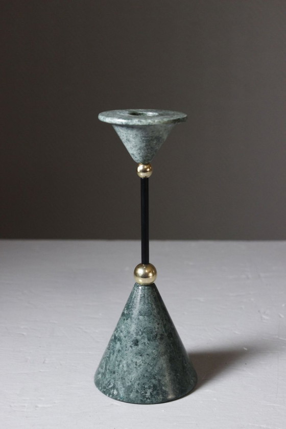 Image 1 of Vintage marble & brass candlestick, post-modernist Memphis design, 1980s