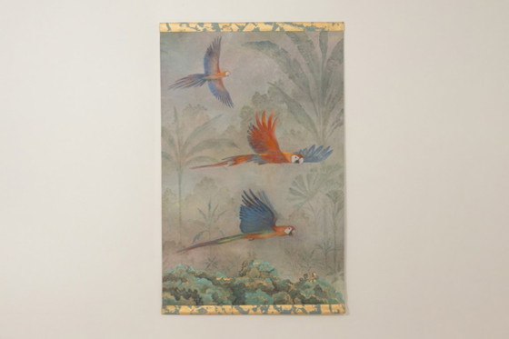Image 1 of Painted canvas depicting three parrots in a tropical forest. Contemporary.