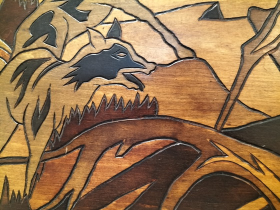 Image 1 of Tableau mural vintage en bois style milieu du siècle par Michelli – Grand panneau représentant une scène de chasse