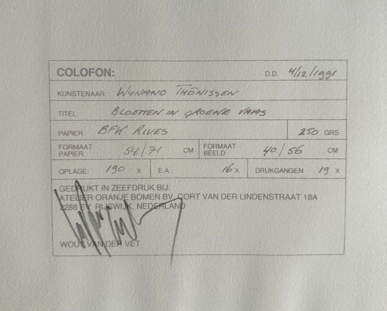 Image 1 of Zeefdruk Wynand Thönissen - Bloemen in groene vaas - Handgesigneerd