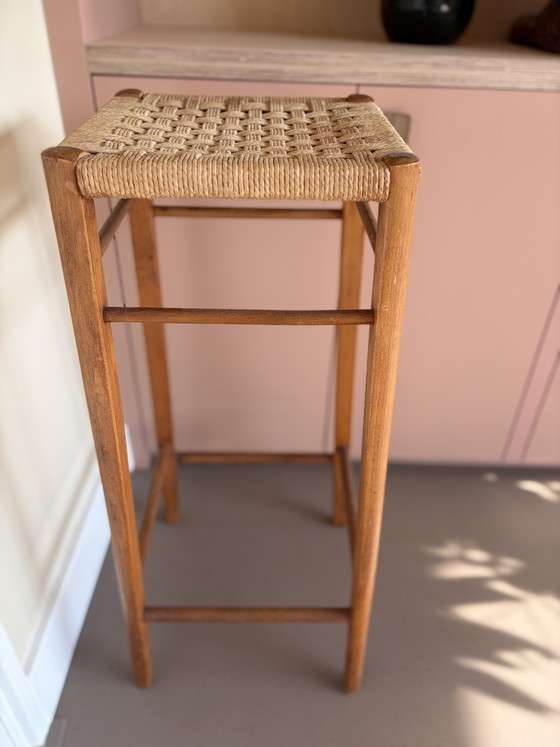 Vintage Deens Design Barkruk / Plantenstandaard – Jaren 60/70 (Papercord) – Barkrukken, Wood, Wicker (photo 9 of 10)