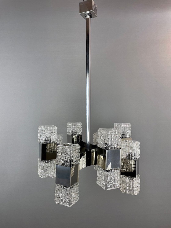 Image 1 of Italian 1970s Chandelier Attributed to Targetti, 16 Lights, Art Glass & Chrome Steel. Modernist Design