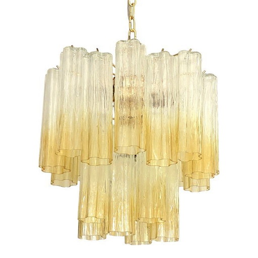 Lámpara de araña contemporánea de lujo de cristal de Murano "Tronchi" en ámbar transparente, estilo Venini.