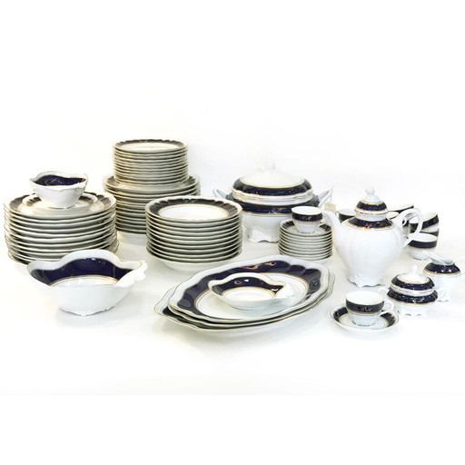 Servicio de mesa vintage en porcelana, oro y cobalto 1980