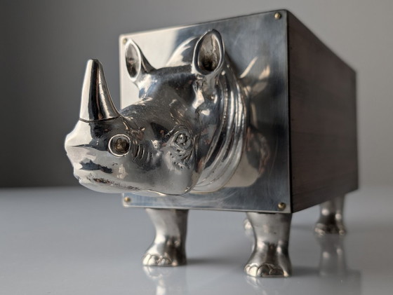 Image 1 of Almazán Rhino Bottle Holder, Mid-Century Modern Wood & Nickel Silver, 1960s