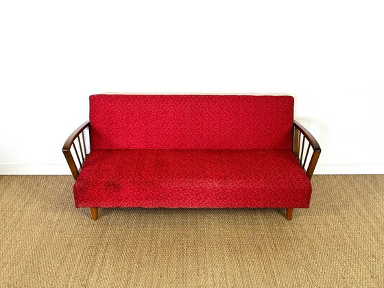 Image 1 of Vintage Scandinavische slaapbank van hout en stof, 1960