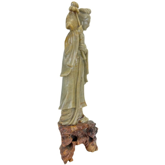 Sculptures Chinoises Vintage en Stéatite - Dame Céleste avec Lotus (He Xiangu) (photo 3 of 10)