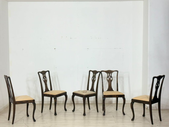 Image 1 of Set di 5 sedie Chippendale antiche / sedie da pranzo in pregiato mogano/noce, circa 1900