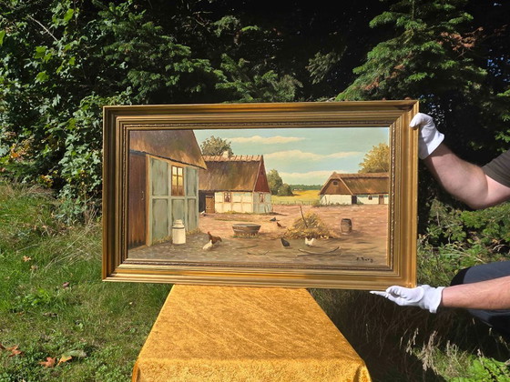 Large Vintage Oil Painting - Sunlit Farmyard with Chickens – Paintings & Drawings, Canvas (photo 2 of 12)