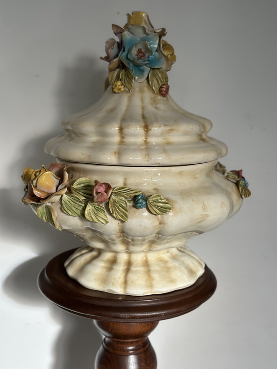 Image 1 of Vintage Baroque-Style Ceramic Lidded Bowl with Hand-Applied Flowers