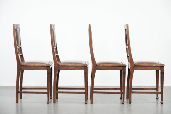 Image 1 of 4 x Antique Oak Dining Chairs in Art Nouveau Style with Cognac-Colored Cowhide Leather