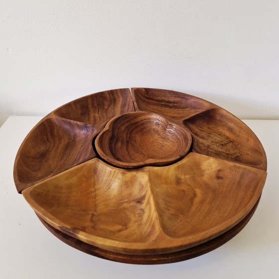 Image 1 of 1970er Teakholz-Nuss-Karussell-Snack-Drehteller