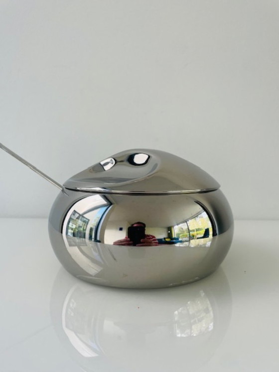 Image 1 of Vintage space age stainless steel sugar bowl with spoon – Tramontina design