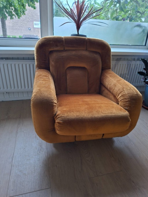 Ensemble design vintage Space Age UP Závody « Mercedes » – Canapé 3 places et fauteuil (Velours jaune ocre, reçu original de