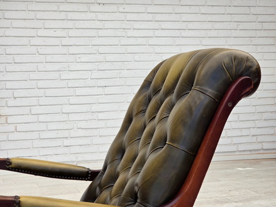 Image 1 of Anni '50, sedia a dondolo Chesterfield, pelle verde originale, legno di teak.