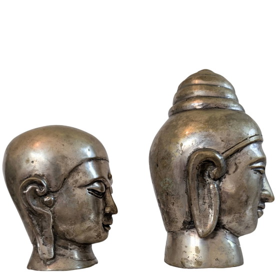 Set of 2 Bronze Heads – Buddha & Monk – Hand-cast Asian Bronze – Sculpture, Aziatisch (photo 4 of 9)