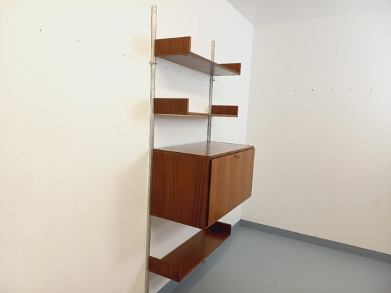 Image 1 of Bibliothèque étagère murale avec secrétaire bar vintage ARP Minvielle par Guariche Mortier Motte en bois d’acajou et aluminium d