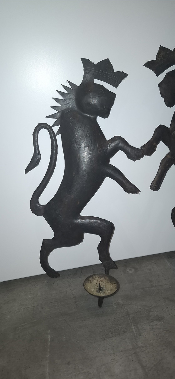 Image 1 of Set of 2 Rare Antique Wrought Iron Wall Sconces - Exclusive Antique Lions