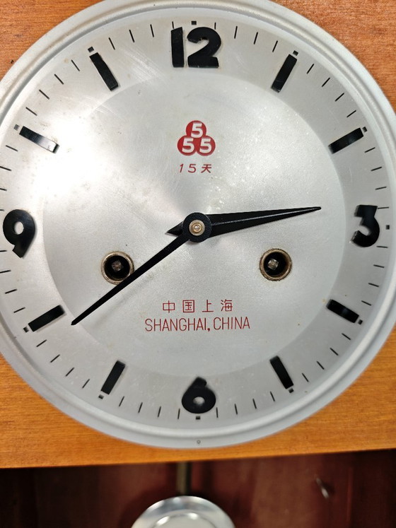 Image 1 of Vintage Wall Clock "555" Triple Five Mechanical  / Working Shanghai China Retro Clock / Mid Century Modern Wood Decor