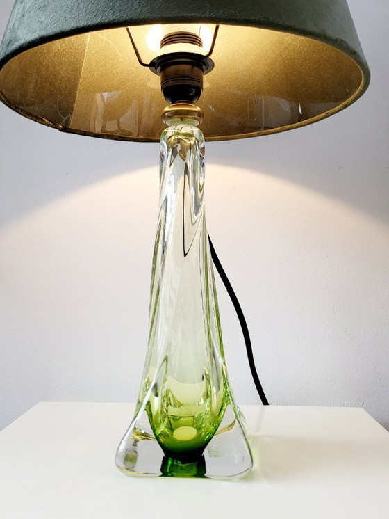 Image 1 of Val Saint Lambert crystal lamp turned base, green color, Belgium