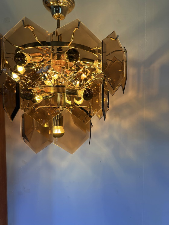 Image 1 of Vintage hexagon rookglazen kroonluchter, Italië ‘70