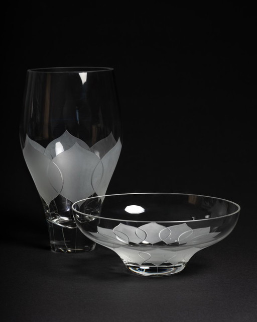 Rosenthal Bjorn Wiinblad LOTUS Large Glass Vase H23,5cm & Matching Bowl D20cm
