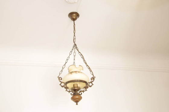 Image 1 of Ceiling lamp, pendant lamp, petroleum glass shade, 75-90cm, vintage