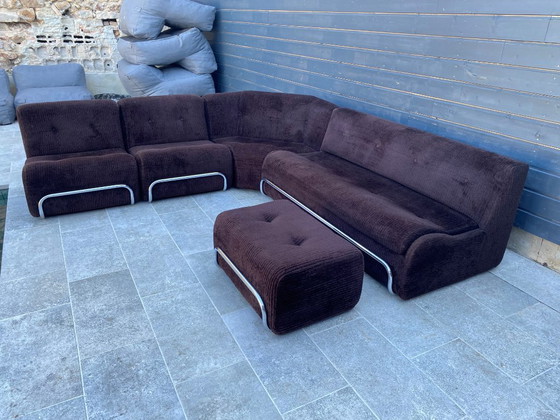 Image 1 of Divano da salotto modulare poltrona poggiapiedi stile Bauhaus in velluto a coste marrone e cromo vintage 1970