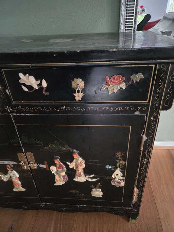 Antique Chinese Cabinet with Paintings and Soapstone – Sideboard, Wood (photo 12 of 15)