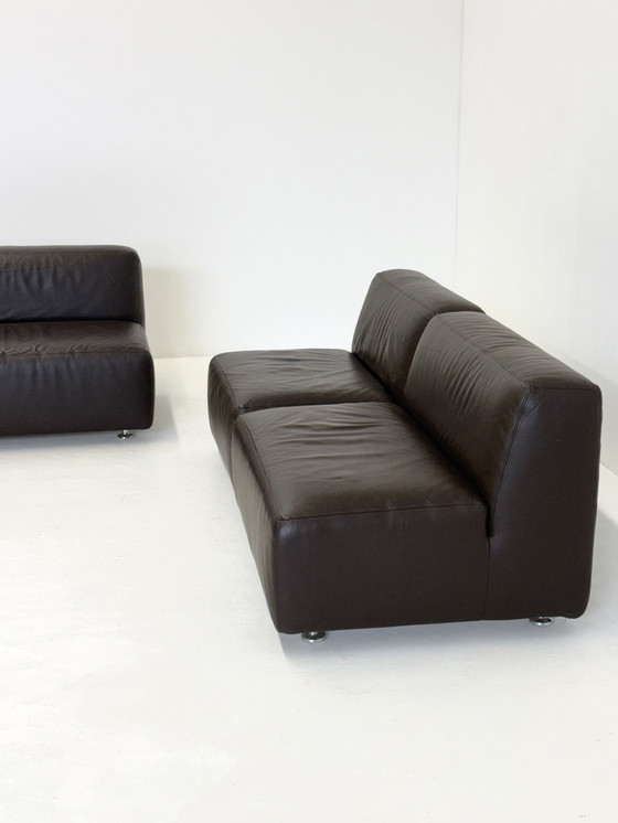 Image 1 of Set van 3 vintage space age modulaire leren sofa / fauteuils in donkerbruin