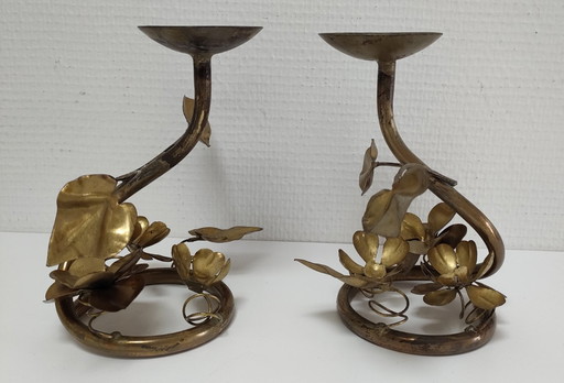 Paar Messing-Kerzenleuchter mit Vintage-Blumendekor