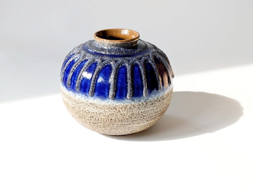 Midcentury Strehla Ceramic Vase | 1960's East German Pottery | Blue Fat Lava Drip Glaze