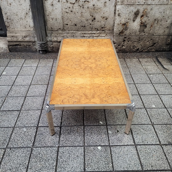 Image 1 of Table basse en bois de ronce et acier, style Guy Lefèvre, années 70 – France