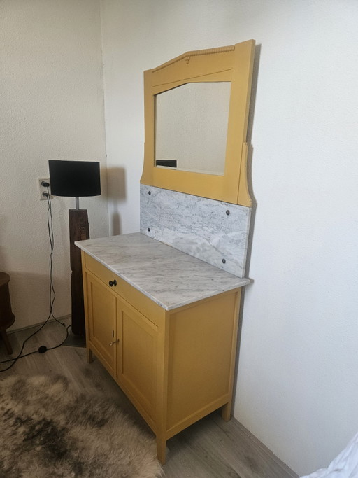 Vintage ochre yellow sideboard with marble top and mirror