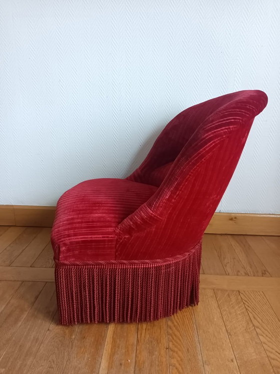 Image 1 of Rode fluwelen paddenstoelfauteuil met franjes
