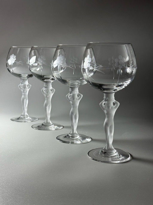 Bayel – Set di 4 calici da vino rosso in cristallo – Steli femminili nudi Baccante – Decorazione floreale incisa a mano – Franci