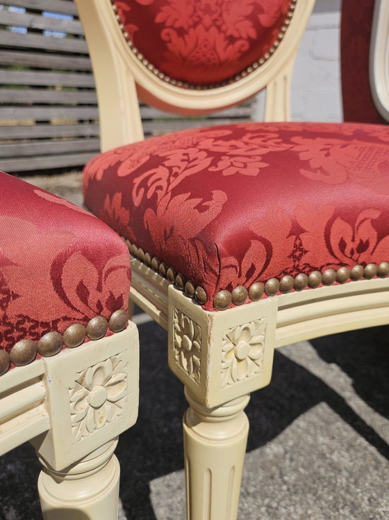 Image 1 of Set van 4 antieke Franse damaststoelen met medaillonmotief - gestoffeerde Louis XVI-stoelen - jaren 1900