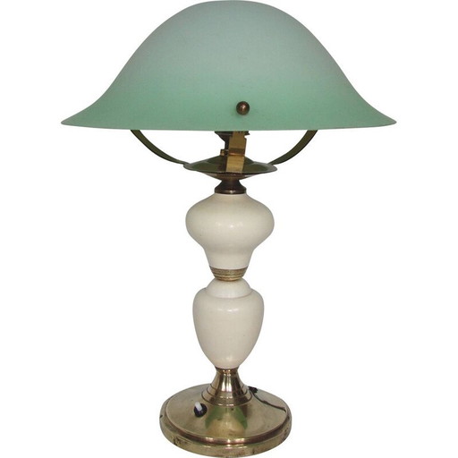 Lámpara de mesa vintage de latón, metal y cristal, 1940