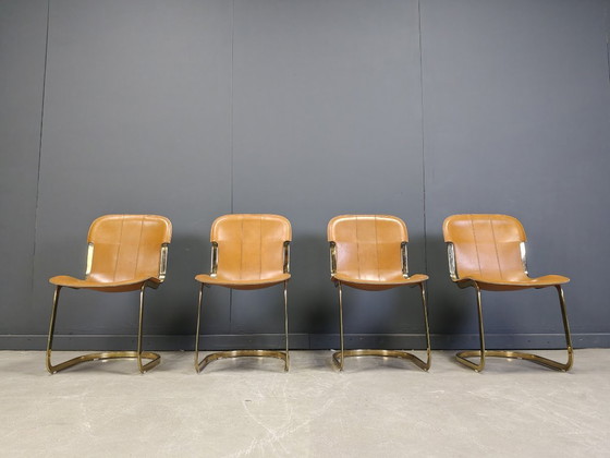 Image 1 of Vintage brass and cognac leather dining chairs by Willy Rizzo for cidue set of 4, 1970s