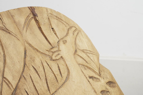 Carved African Hardwood Palaver Chair Low Collapsible Chair Folk Art Deer Carving Vintage Rustic Wooden (photo 5 of 12)