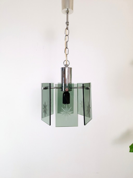 Mid-Century Modern Pendant Lamp, Made in Yugoslavia, EMI Poljčane, 1970s Modern Light, Green Smoked Glass, Space Age, Atomic Age