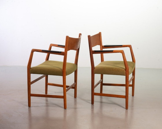 Image 1 of Set of Two Hans Wegner Mid-Century Design Famous Dining Chairs for Plan Mobler with Black Wooden armrests. Sweden, 1960s.