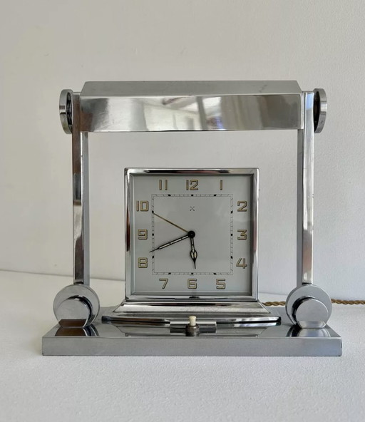 Lampe de table pendule vintage moderniste, laiton chromé, France 1930