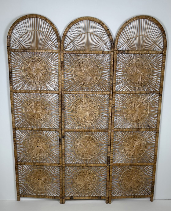 Image 1 of Vintage Sunburst rattan bamboo large folding screen room divider