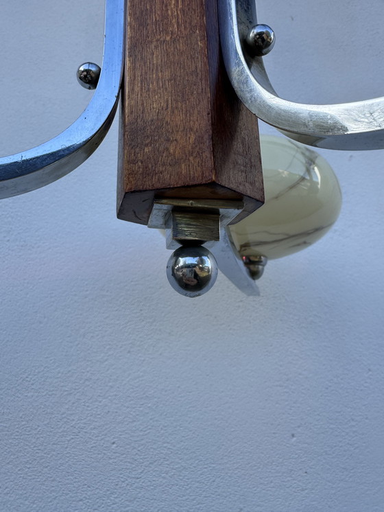 Image 1 of Lampadario Art Déco in cromo e vetro opalino marmorizzato