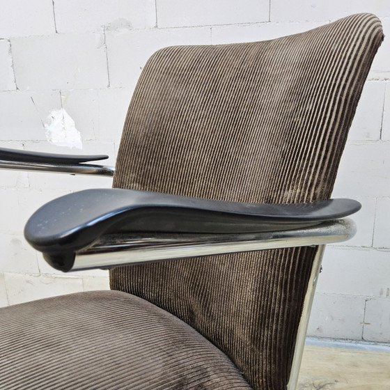2x Vintage Toon De Wit (Gebroeders De Wit) Stoelen Met Leuningen Beige Ribstof (1940s) Dutch Design (photo 5 of 15)